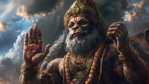 Storm‑crowned simian guardian raises a blessing beneath thunderclouds.