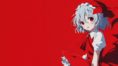 Anime girl in red dress against stark red backdrop.