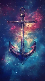 Chromatic metal anchor suspended against nebular starfield gradient