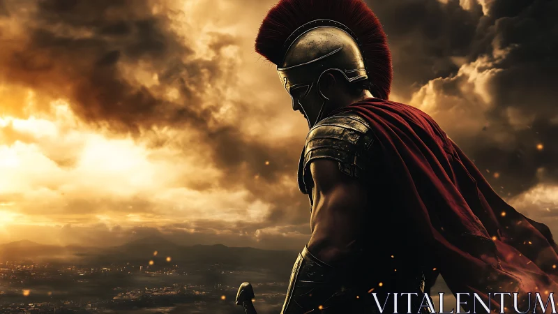 Armored Spartan warrior surveys burning valley at sunset