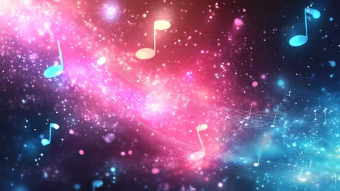 Colored musical notes float over glowing particle gradients