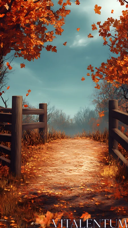 Golden autumn path beneath swirling scarlet leaves.