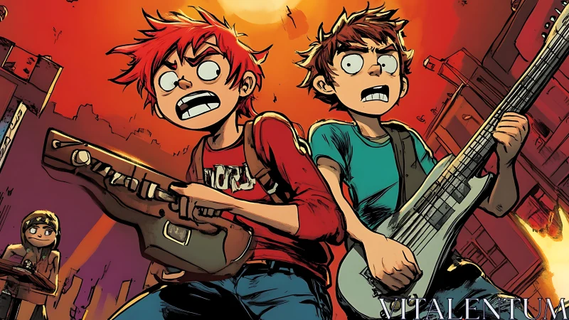 Rock-ready teens race through a glowing city at sunset.