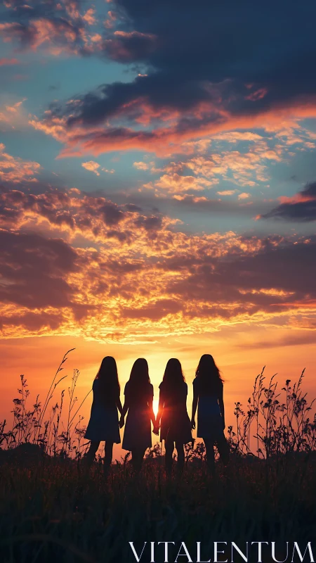 Four silhouetted figures stand in grassland at sunset