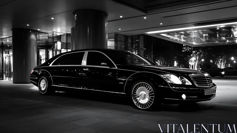 Elegant black limousine waits under soft city night lights