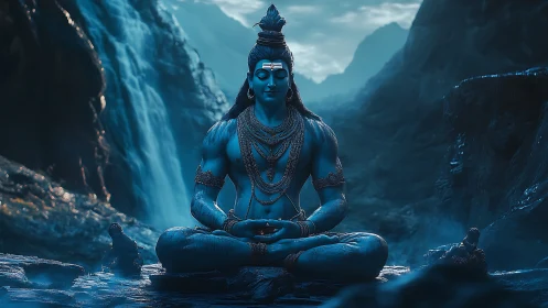 Blue-skinned meditating figure sits cross-legged by waterfall