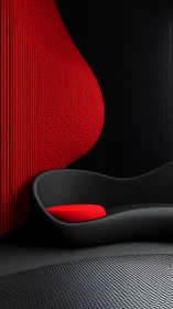Parametric red wall with sculptural black sofa and accent pad