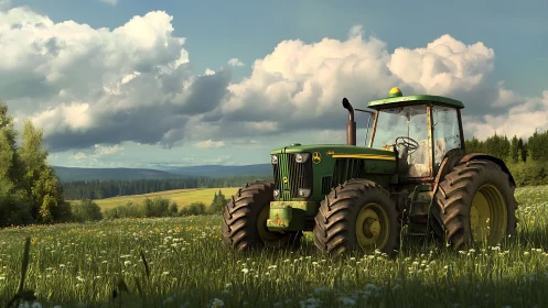 Sunlit green tractor resting in a peaceful wildflower field.