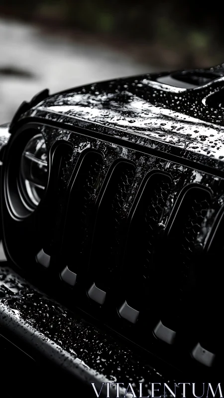 Macro automotive grille study in high-contrast wet gloss.