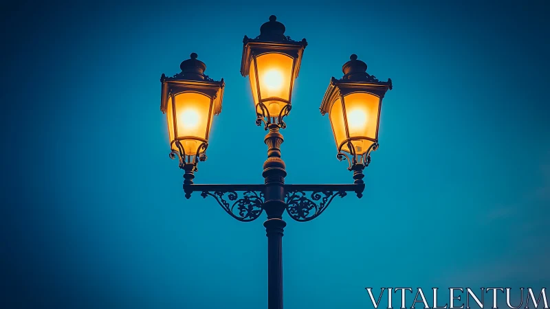 Triple lantern streetlight glows against deep twilight sky
