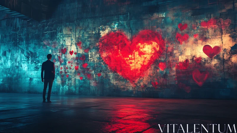 Man Confronts Neon Hearts Urban Wall.