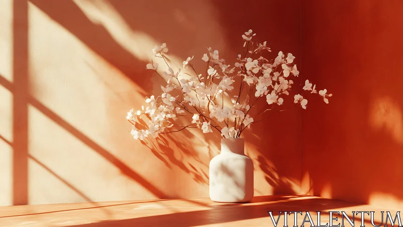 Soft sunlight shapes minimal white vase and blossoms study