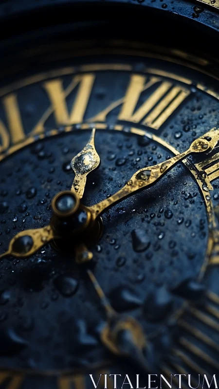 Gleaming golden clock hands hold steady under soft raindrops
