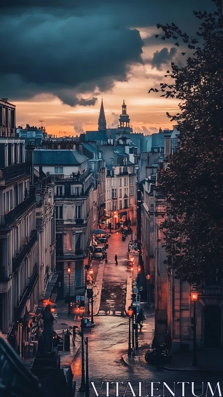 Twilight rain polishes a quiet Paris street into bronze