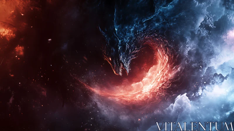 Draconic entity emerges within opposing red and blue clouds