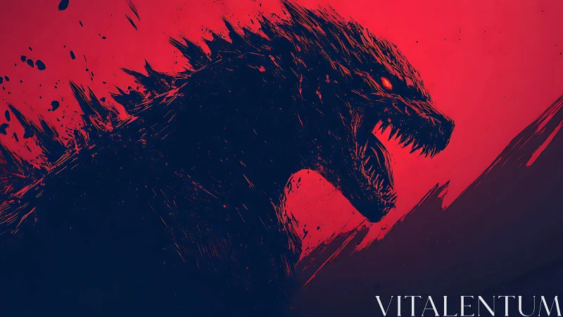 Kaiju silhouette erupts against stark crimson horizon.