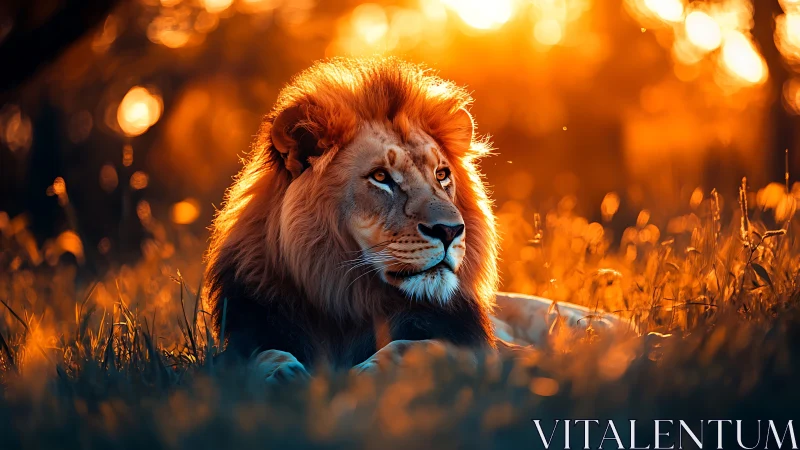 Regal lion rests in golden hour savanna backlight glow.
