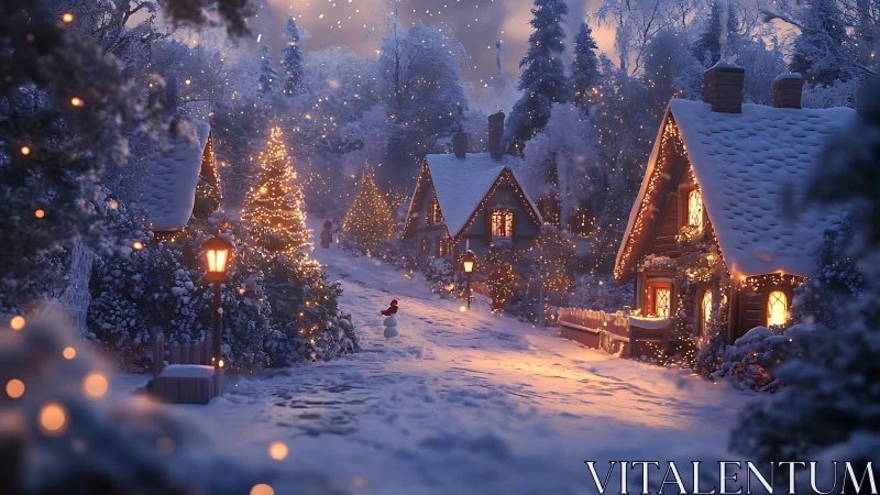 Snow-covered village street glows with warm festive lighting