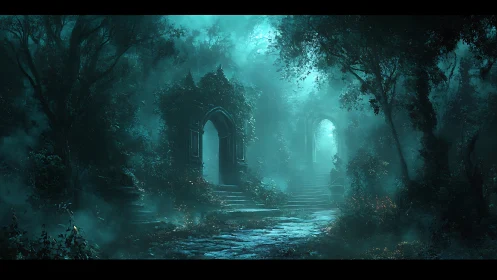 Moonlit gothic forest ruins reveal misty ancient stone gateways