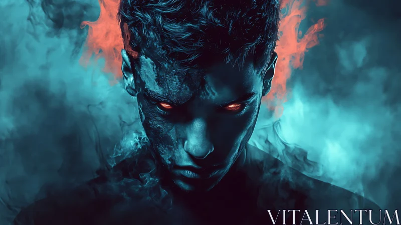 Smoldering blue-eyed antihero framed in electric mist.