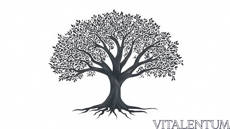 Intricate black tree silhouette spreads across white space.