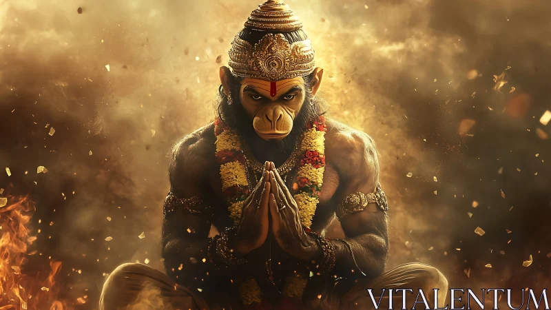 Divine simian warrior in meditative pose amid fiery particles