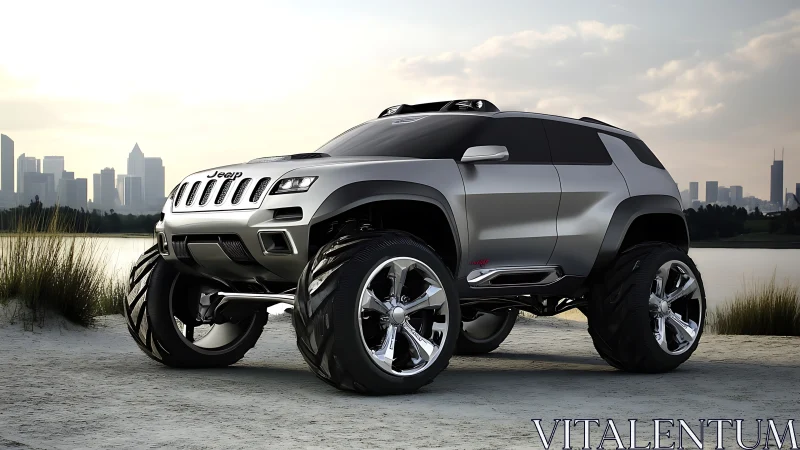 Lifted silver Jeep concept SUV near modern city skyline.