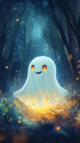 Ghost character hovers over glowing forest clearing at night