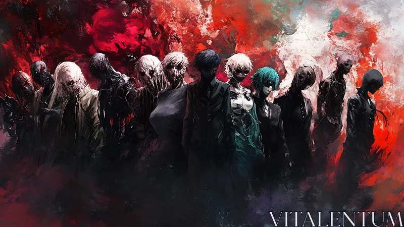 Concept art lineup of spectral figures in crimson maelstrom.