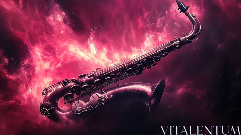 Glowing saxophone drifts through vibrant pink cosmic nebula