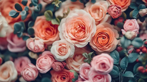 Blooming garden display: Peach and pink roses with eucalyptus