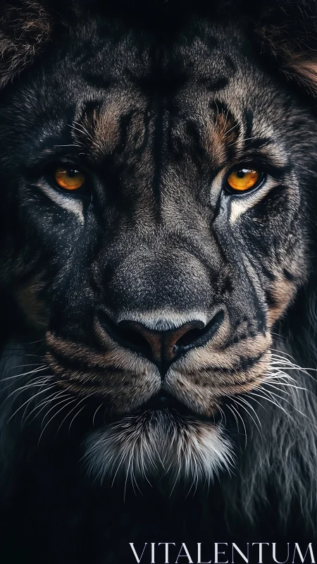 Black Lion Head Portrait with Amber Eyes
