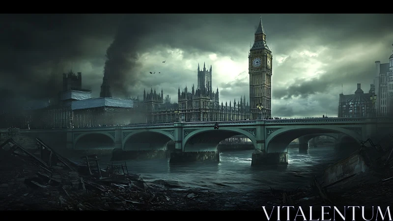 Storm-lit Westminster bridge in a brooding future London.