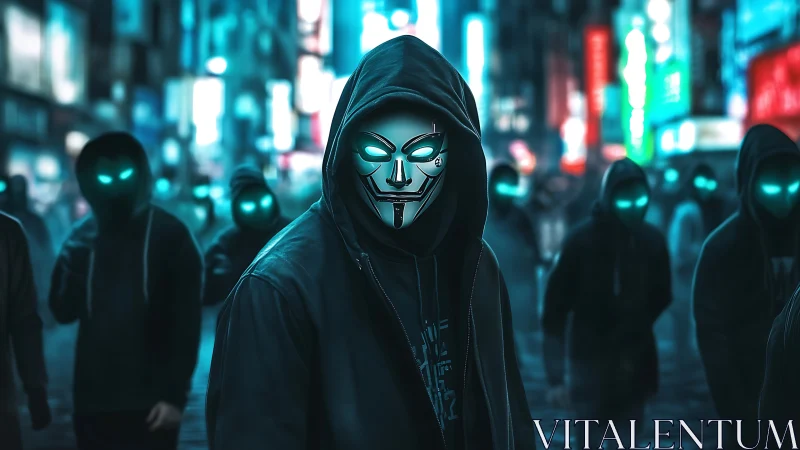 Hooded cyber mask collective glowing in a neon city night.
