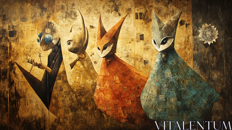 Mask-legged wanderers drift through rusted paper light.