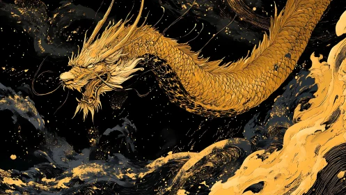 Golden celestial dragon surges through abstract cosmic waves.