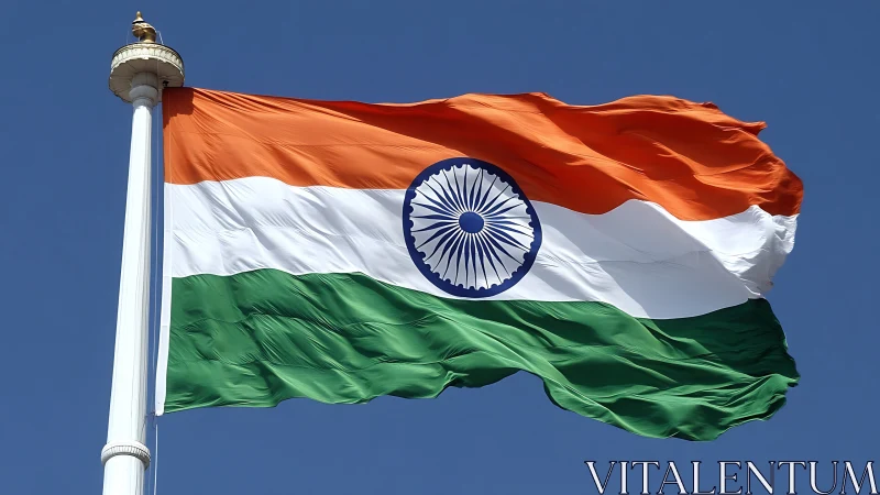 Indian national flag waves on flagpole against clear sky