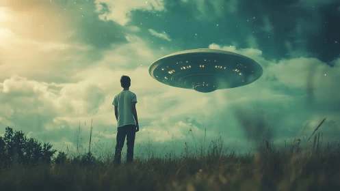 Teen observer facing illuminated UFO over twilight meadow
