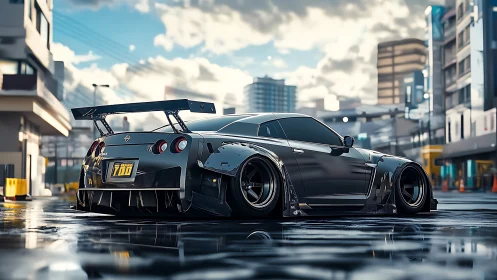 Widebody Nissan GT-R in wet urban street, aggressive aero stance