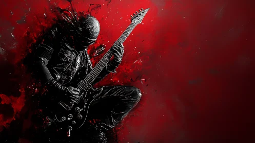 Silhouetted guitarist plays electric instrument against red field