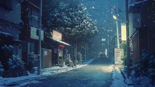 Snowfall softens a quiet Japanese alley under neon light.