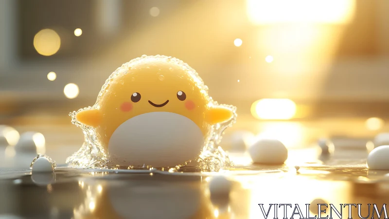 Cute yellow cartoon character splashing in water, warm lighting.