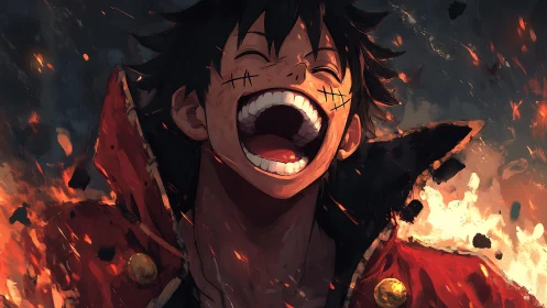 Fiery anime hero laughing amid chaos and burning embers.