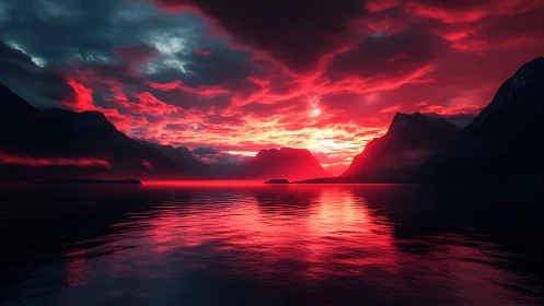Crimson sunset fjord with reflective water and dark mountains.
