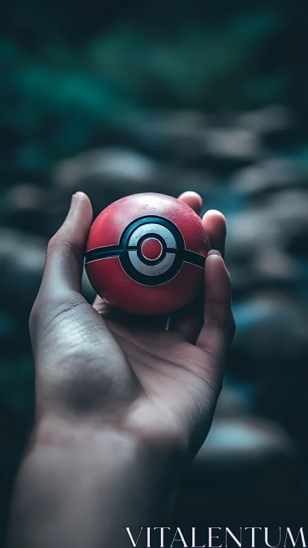 Hand cradling red gaming sphere in moody shallow focus.
