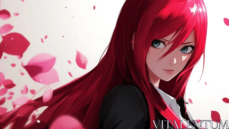Red haired anime girl stands in drifting rose petals