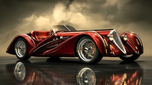 Streamlined crimson roadster under dramatic moody sky.