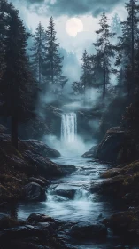 Moonlit Waterfall Forest Escapes Into Misty Tranquility