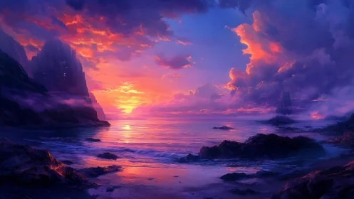 Vivid digital seascape sunset with cliffs and clouds.
