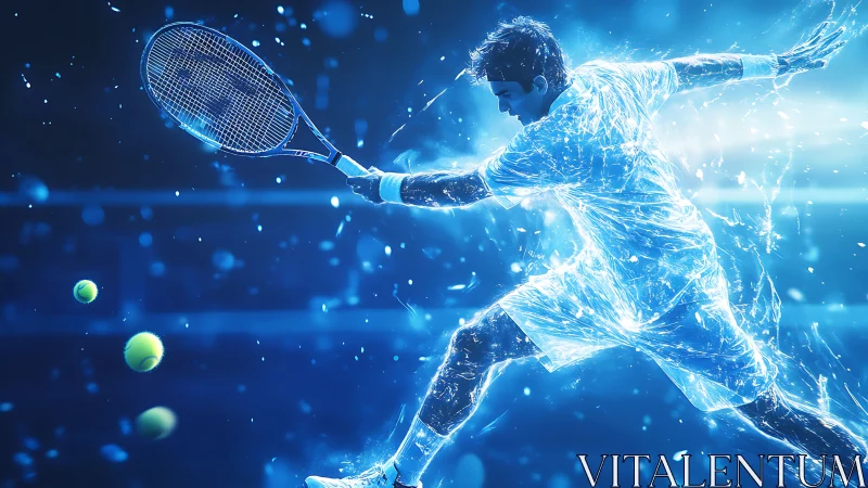 Dynamic blue energy tennis player in mid air action shot.